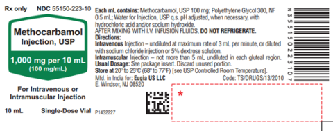 Product label: Methocarbamol Injection, USP 1000 mg/10 mL (100mg/mL) (Single Dose Vial); NDC 55150-223-10