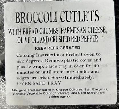 “King Kullen Broccoli Cutlets With Bread Crumbs And Parmesan ingredient label and cooking instructions”