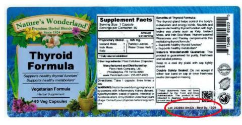 Label, Nature’s Wonderland Thyroid Formula, 60 veg capsules, Lot 23289A