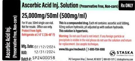 “Ascorbic Acid Inj. Solution 25,000mg/50ml (500mg/ml), Rx only, STASK Pharmaceuticals”
