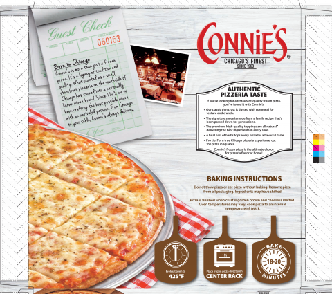 Box label, Connie’s Thin Crust Cheese Frozen Pizza