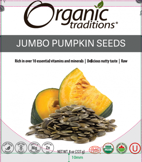  “Front label panel, Organic Traditions Jumbo Pumpkin Seeds NET WT 8 oz (227 g)”