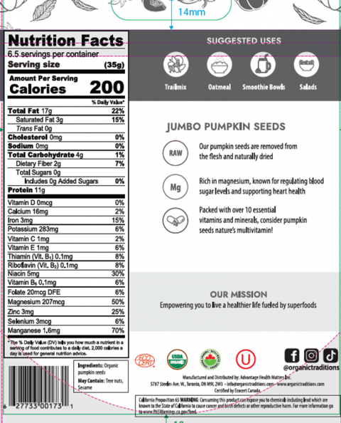 “Back label panel, Organic Traditions Jumbo Pumpkin Seeds UPC 627733001731”