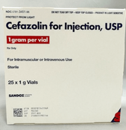 Cefazolin for Injection, USP, 1 gram per vial, Rx only, 25 x 1 g Vials, Sandoz